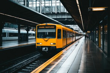 Naklejka premium Yellow train at modern, wet train station.