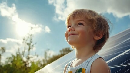 A child gazes joyfully at the sky near solar panels, embodying hope for renewable energy.