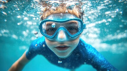Naklejka premium A child swimming underwater, wearing goggles, surrounded by bubbles in clear blue water.