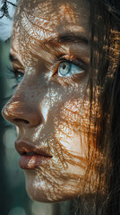 Woman s Face  Sunlight  Leaves  Shadow  Closeup  Portrait