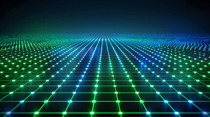 Abstract digital grid with glowing green and blue lines, futuristic tech interface, high detail