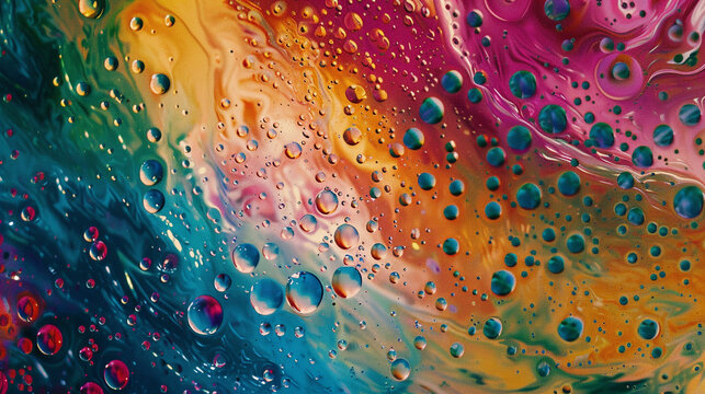 Abstract close-up of colorful oil droplets in water, creating a vibrant background