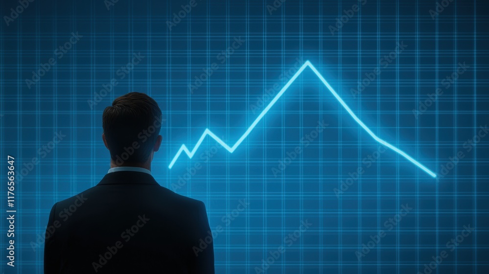 Poster professional in suit analyzing financial data on digital graph display