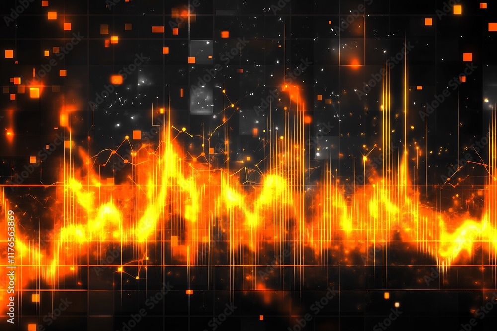 Poster Abstract Orange Wave with Sparkling Light Grid on Dark Futuristic Background : Generative AI