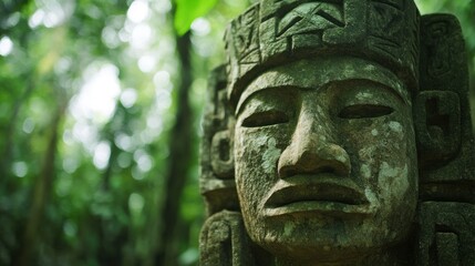 An untouched Amazonian expanse where cultural heritage meets natural wonder. Tribal carvings mark a hidden path beneath towering trees, guiding explorers. Dense undergrowth crackles with unseen life, 