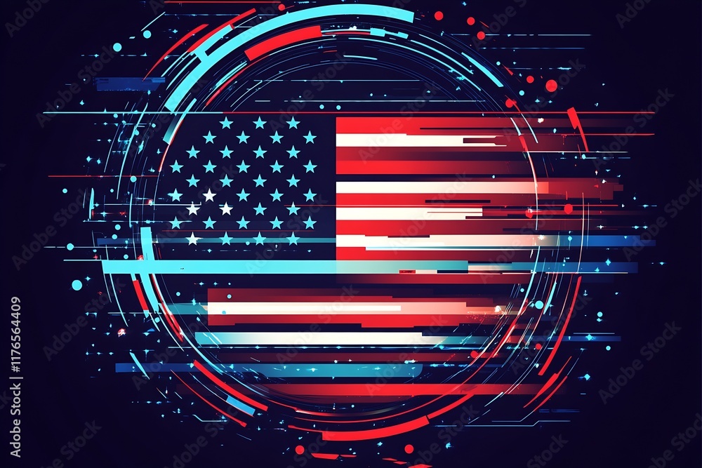 Poster dynamic digital art of american flag with abstract geometric shapes in vibrant colors : generative a