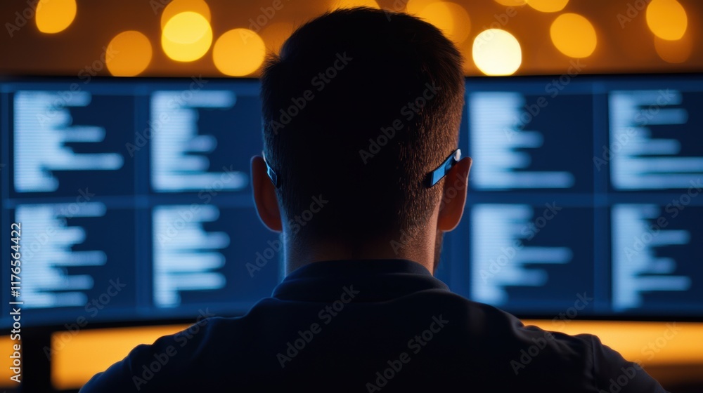 Poster professional in glasses analyzing multiple computer screens with ambient lights
