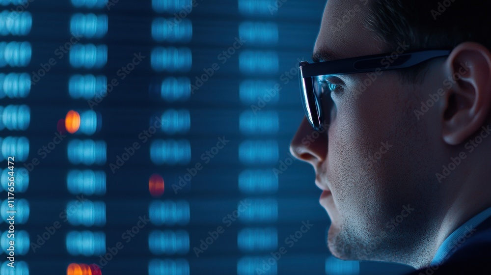 Poster focused business professional analyzing data on digital display screen