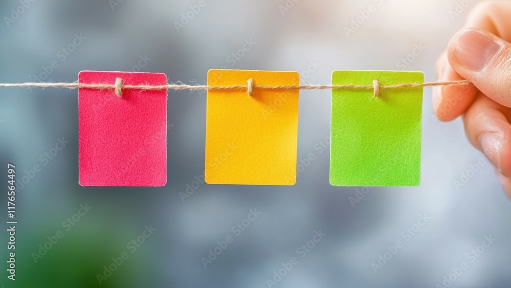 Poster colorful sticky notes hanging on string with blurred background in soft light