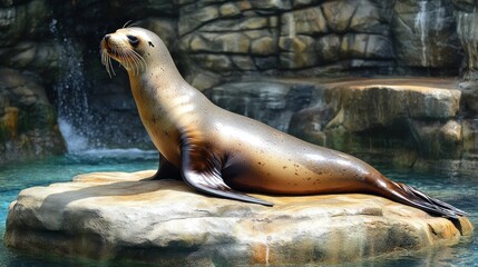 Fototapeta premium A sea lion resting on a rock near water, showcasing its sleek body and playful nature.