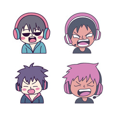 Set of Cute Boy Gamer Anime Cartoon Character Wearing Headset with Shouting Angry Expression
