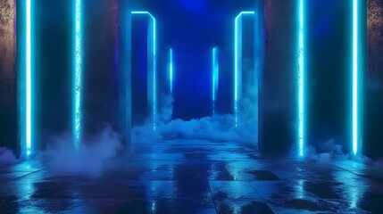Obraz premium Abstract dark background featuring blue neon light and smoky atmosphere, with large concrete pillars standing prominently on the floor, creating a mysterious and futuristic environment