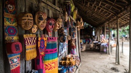 Fototapeta premium A vibrant Amazonian marketplace featuring indigenous art crafted from natural resources. Hand-carved wooden masks and intricately woven textiles represent cultural heritage. Conservation efforts promo