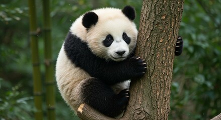 Adorable Baby Panda Cub Climbing Tree in Bamboo Forest
