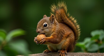 Fototapeta premium Adorable Red Squirrel Eating Walnut in Nature