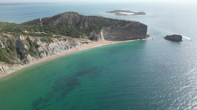 Aerial view of El Zapato rock and Isla Cabra island at El Morro limestone mountain in the outskirts of Montecristi in the Monte Cristi province on the north coast of the Dominican Republic