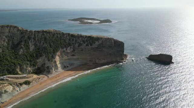 Aerial view of El Zapato rock and Isla Cabra island next to El Morro limestone mountain in the outskirts of Montecristi in the Monte Cristi province on the north coast of the Dominican Republic