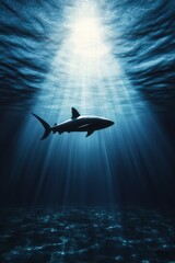 Fototapeta premium Shark Swimming in Deep Blue Ocean with Sunlight Rays Above Water