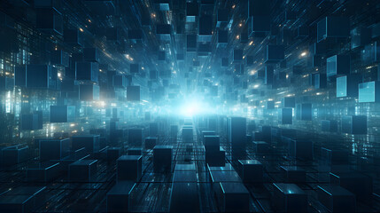 Digital blue geometric AI abstract graphics poster background