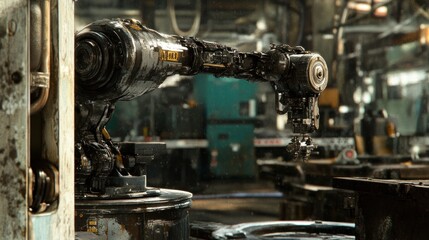 Fototapeta premium Damaged industrial robotic arm in factory.