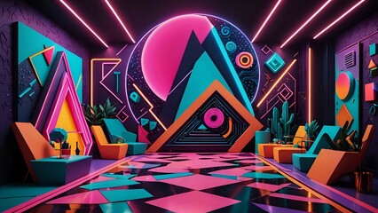 Surreal retro backdrop blending neon hues, fragmented geometric shapes, and unconventional 80s/90s influences, creating a bold and eclectic vintage vibe