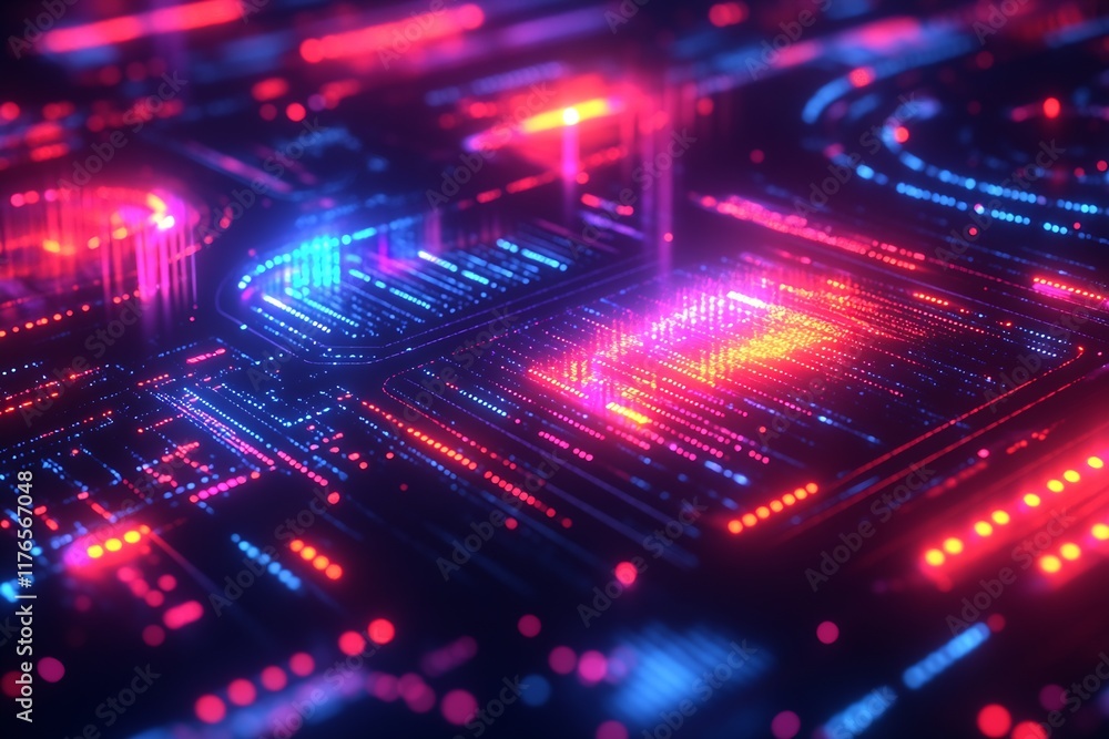 Aufkleber Illuminated Futuristic Neon Technology Grid with Abstract Digital Art : Generative AI