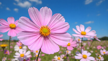 Fototapeta premium cosmos flower field with blue sky background.