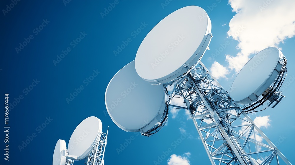 Poster high-tech satellite dishes in telecommunication network under sunny sky : generative ai