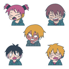 Set of Cute Boy Gamer Anime Cartoon Character Wearing Headset with Shouting Angry Expression