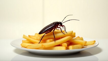 A detailed close-up of a cockroach perched on french fries placed on a white plate, highlighting contamination risks, unhygienic food practices, and food safety concerns