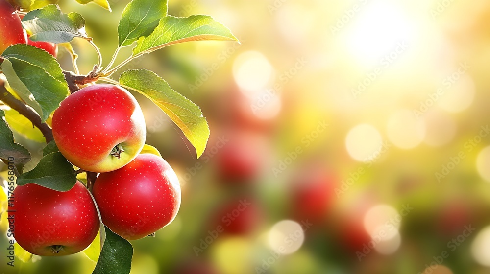 Poster vibrant red apples in sunlight hanging from orchard tree with blurred background : generative ai