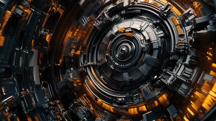 Obraz premium Abstract circular metallic mechanism with orange accents.