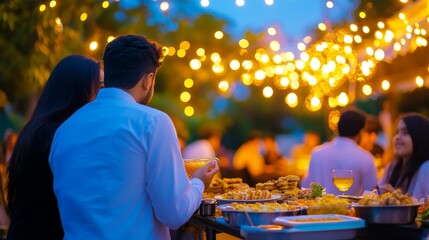 A romantic outdoor dining scene illuminated by string lights with diverse food offerings.