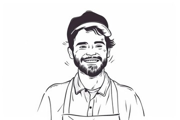 Smiling barista silhouette in a minimalist outline of a coffee shop
