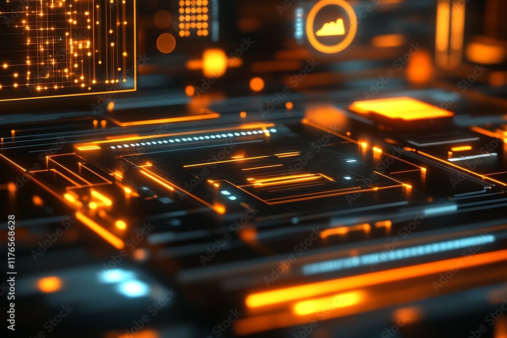 Poster Abstract Futuristic Technology Circuit Board with Vibrant Orange Illuminated Elements : Generative AI