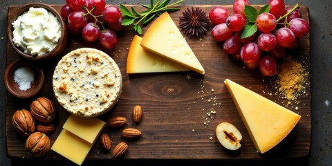 A delectable arrangement of cheese, creamy dairy, crunchy biscuits, sweet grapes, and nutty delights on a rustic wooden board.