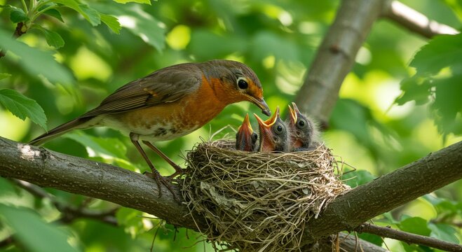 Mother Robin Feeding Baby Birds in Nest Spring Nature