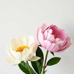 Fototapeta premium Creamy white and blush peonies, pure white background, pretty, pastel, flower photography
