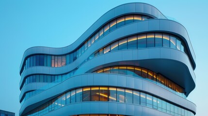 modern building with a captivating curved design.  Illuminated windows at dusk.