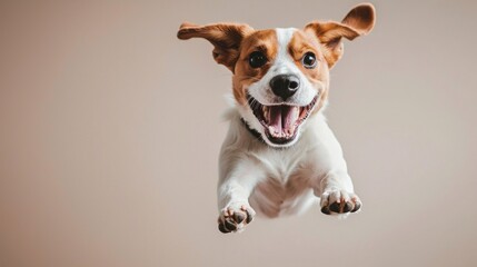 Joyful Dog in Mid-Air Leap with Eager Expression Against a Neutral Background, Capturing Pure Playfulness and Energy in a Moment of Joyful Activity