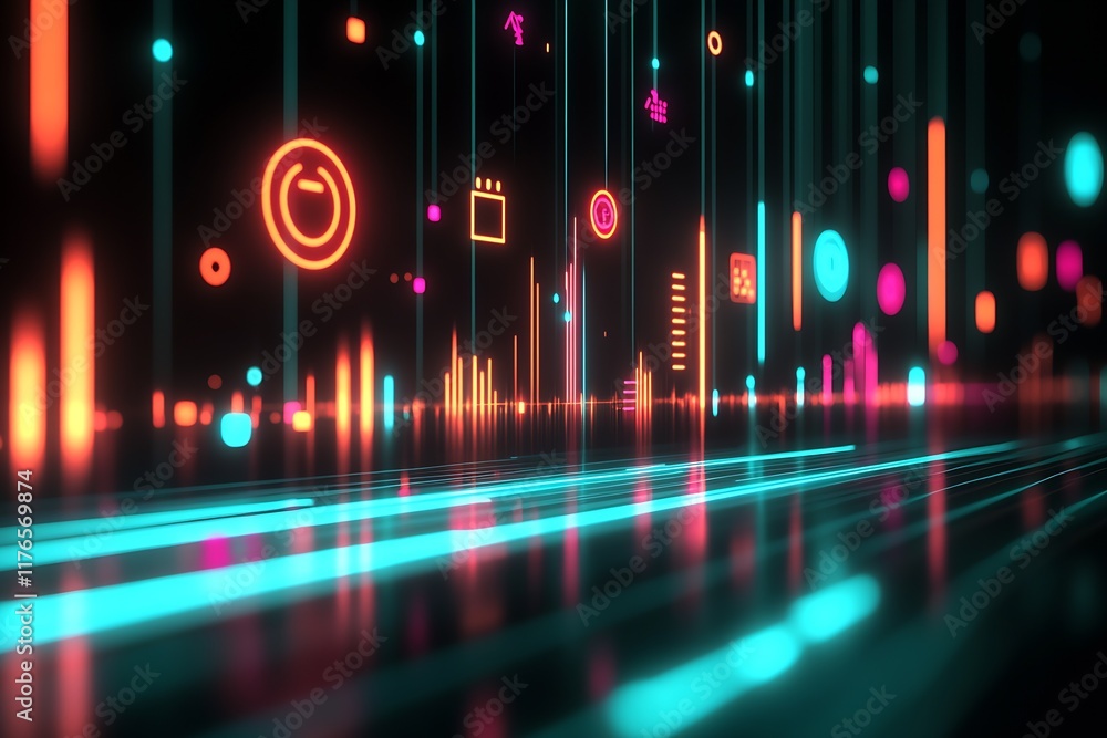 Poster Colorful Neon Data Lines and Icons Creating Futuristic Digital Technology Background : Generative AI