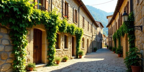 Fototapeta premium Sun-drenched stone street lined with lush ivy-covered buildings and charming potted plants