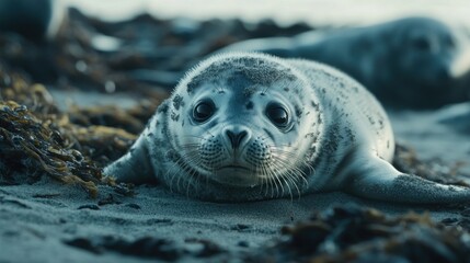 A close-up of a seal resting on the beach, surrounded by seaweed and soft sand.