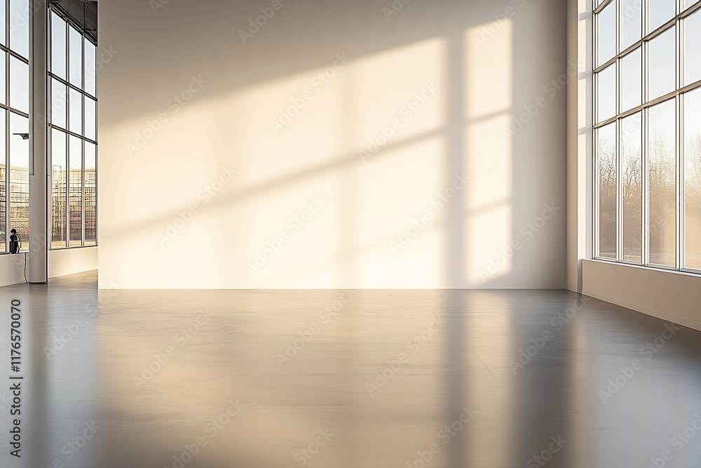 Poster Spacious Modern Gallery Interior with Large Windows and Sunlight Shadows : Generative AI
