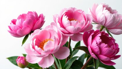 Obraz premium Several lush peonies, various shades of pink, isolated on white, peonies, vivid, image