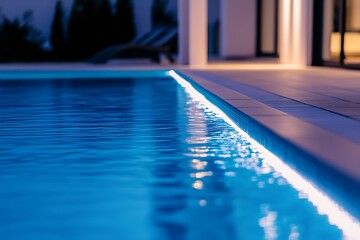 Obraz premium Modern Outdoor Pool with Soft Lighting and Architectural Elegance at Dusk : Generative AI