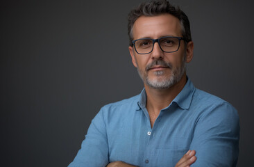 Confident stylish man with short hair and beard, wearing glasses and a blue shirt, arms crossed, isolated on white background, casual outfit, professional photo shoot pose