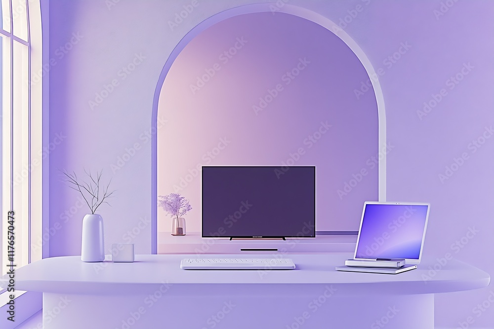 Poster minimalist lavender office interior design with modern computer setup : generative ai