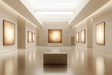 Minimalist art gallery with abstract paintings in elegant modern interior : Generative AI