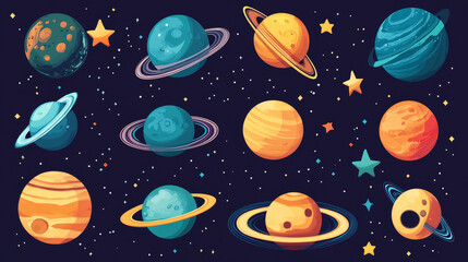 Planets and asteroids in outer space, galaxy fantasy world background. Ice or water planet with ring, satellite or comet landscape with craters on rocky surface, glowing in cosmos stars cartoon vector